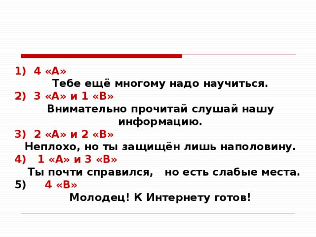 1) 4 «А» Тебе ещё многому надо научиться. 2) 3 «А» и 1 «В» Внимательно прочитай слушай нашу информацию. 3) 2 «А» и 2 «В» Неплохо, но ты защищён лишь наполовину. 4) 1 «А» и 3 «В»  Ты почти справился, но есть слабые места. 5) 4 «В» Молодец! К Интернету готов!