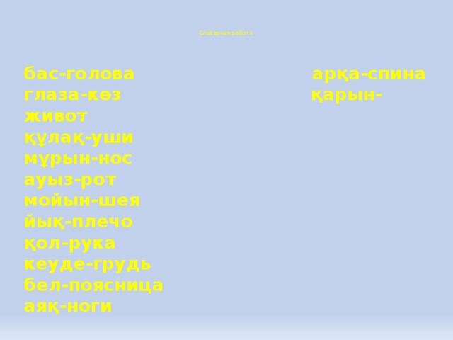 Словарная работа   бас-голова арқа-спина глаза-көз қарын-живот құлақ-уши мұрын-нос ауыз-рот мойын-шея йық-плечо қол-рука кеуде-грудь бел-поясница аяқ-ноги