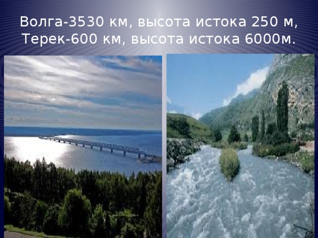 Волга-3530 км, высота истока 250 м, Терек-600 км, высота истока 6000м.