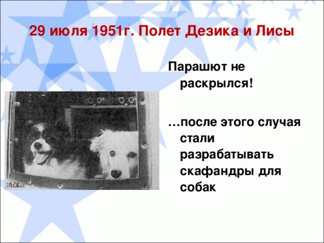 29 июля 1951г. Полет Дезика и Лисы Парашют не раскрылся!  … после этого случая стали разрабатывать скафандры для собак
