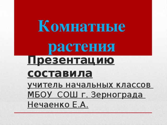 Комнатные растения Презентацию составила  учитель начальных классов  МБОУ СОШ г. Зернограда  Нечаенко Е.А.