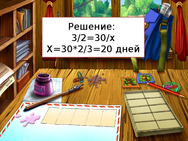 Решение: 3/2=30/х Х=30*2/3=20 дней