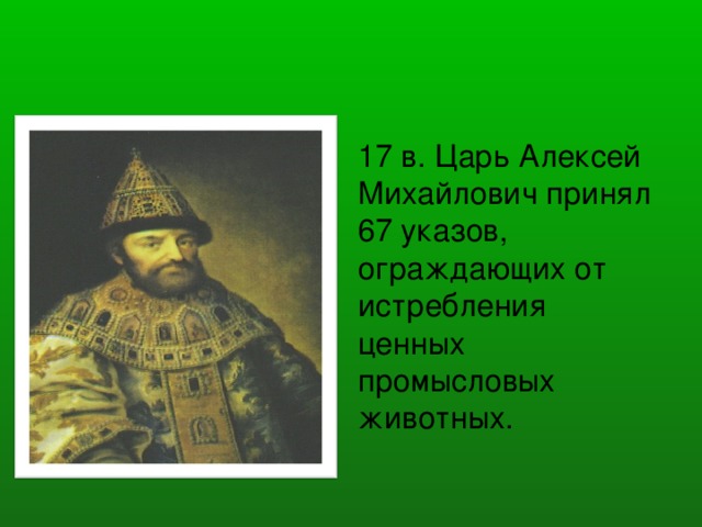 17 в. Царь Алексей Михайлович принял 67 указов, ограждающих от истребления ценных промысловых животных.