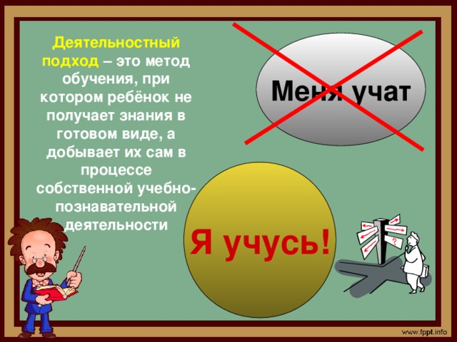 Деятельностный подход – это метод обучения, при котором ребёнок не получает знания в готовом виде, а добывает их сам в процессе собственной учебно-познавательной деятельности Меня учат Я учусь! Деятельностный подход – это метод обучения, при котором ребёнок не получает знания в готовом виде, а добывает их сам в процессе собственной учебно-познавательной деятельности. Принципиальным отличием технологии деятельностного метода от традиционного технологии демонстрационно-наглядного метода обучения является то, что предложенная структура описывает деятельность не учителя, а учащихся.