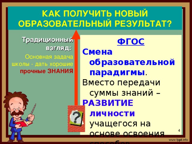 КАК ПОЛУЧИТЬ НОВЫЙ ОБРАЗОВАТЕЛЬНЫЙ РЕЗУЛЬТАТ? Традиционный взгляд: Основная задача школы - дать хорошие  прочные ЗНАНИЯ ФГОС Смена образовательной парадигмы . Вместо передачи суммы знаний – РАЗВИТИЕ личности учащегося на основе освоения способов деятельности Овладение учащимися универсальными учебными действиями создает возможность самостоятельного успешного усвоения новых знаний, умений и компетентностей, включая организацию усвоения, т.е умения учиться. Вместо простой передачи ЗУН от учителя к ученику приоритетной целью школьного образования становится развитие способности ученика самостоятельно ставить учебные цели, проектировать пути их реализации, контролировать и оценивать свои достижения, иначе говоря умение учиться.