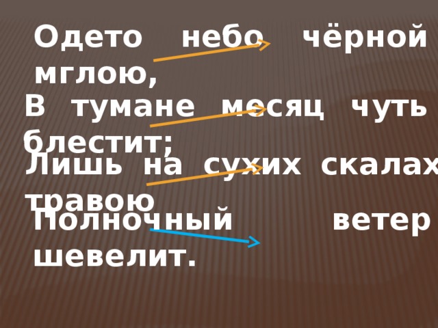 Одето небо чёрной мглою,          В тумане месяц чуть блестит;           Лишь на сухих скалах травою         Полночный ветер шевелит.