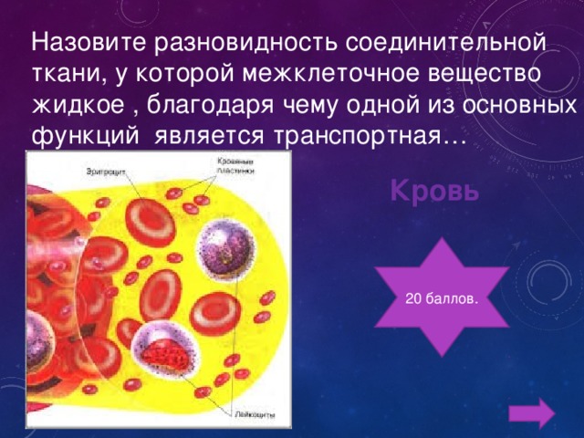 Назовите разновидность соединительной ткани, у которой межклеточное вещество жидкое , благодаря чему одной из основных функций является транспортная… Кровь 20 баллов.