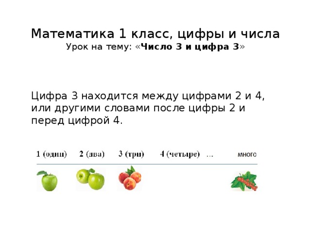 Математика 1 класс, цифры и числа  Урок на тему: « Число 3 и цифра 3 »   Цифра 3 находится между цифрами 2 и 4, или другими словами после цифры 2 и перед цифрой 4.