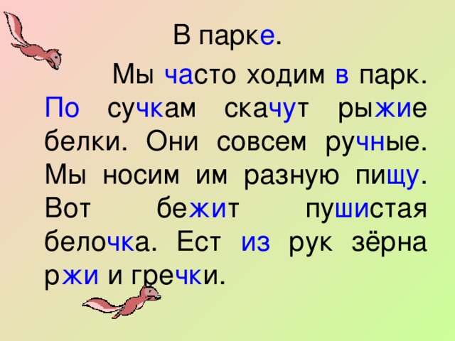 В парк е .  Мы ча сто ходим в парк. По су чк ам ска чу т ры жи е белки. Они совсем ру чн ые. Мы носим им разную пи щу . Вот бе жи т пу ши стая бело чк а. Ест из рук зёрна р жи и гре чк и.