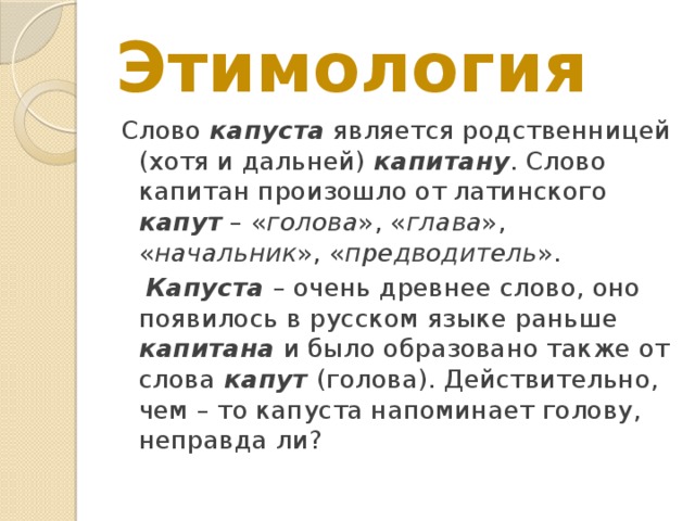 Этимология Слово капуста является родственницей (хотя и дальней) капитану . Слово капитан произошло от латинского капут – « голова », « глава », « начальник », « предводитель ».  Капуста – очень древнее слово, оно появилось в русском языке раньше капитана и было образовано также от слова капут (голова). Действительно, чем – то капуста напоминает голову, неправда ли?