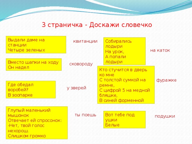 3 страничка - Доскажи словечко Выдали даме на станции Четыре зеленых Собирались лодыри квитанции На урок, А попали лодыри на каток Вместо шапки на ходу Он надел сковороду Кто стучится в дверь ко мне С толстой сумкой на ремне, С цифрой 5 на медной бляшке, В синей форменной фуражке Где обедал воробей? В зоопарке у зверей Глупый маленький мышонок Отвечает ей спросонок: -Нет, твой голос нехорош. Слишком громко ты поешь Вот тебе под ушки Белые подушки