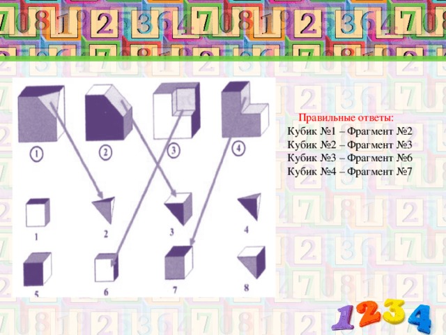 Правильные ответы: Кубик №1 – Фрагмент №2 Кубик №2 – Фрагмент №3 Кубик №3 – Фрагмент №6 Кубик №4 – Фрагмент №7  