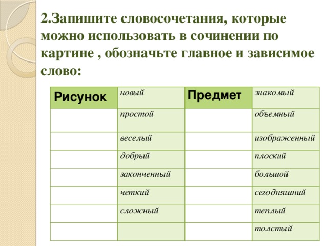 2.Запишите словосочетания, которые можно использовать в сочинении по картине , обозначьте главное и зависимое слово:   Рисунок новый простой Предмет  знакомый веселый объемный добрый законченный изображенный плоский четкий большой сложный сегодняшний теплый толстый