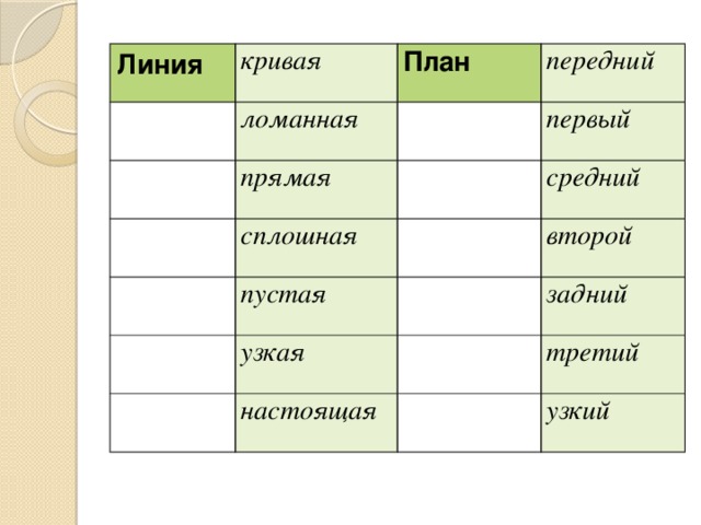 Линия кривая План ломанная передний прямая первый сплошная средний пустая второй узкая задний настоящая третий узкий