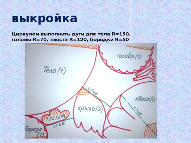 выкройка Циркулем выполнить дуги для тела R=150, головы R=70, хвоста R=120, бородки R=50