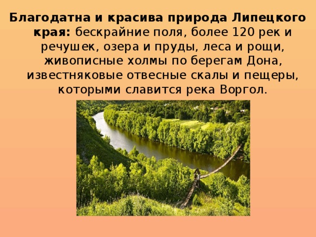 Благодатна и красива природа Липецкого края: бескрайние поля, более 120 рек и речушек, озера и пруды, леса и рощи, живописные холмы по берегам Дона, известняковые отвесные скалы и пещеры, которыми славится река Воргол.