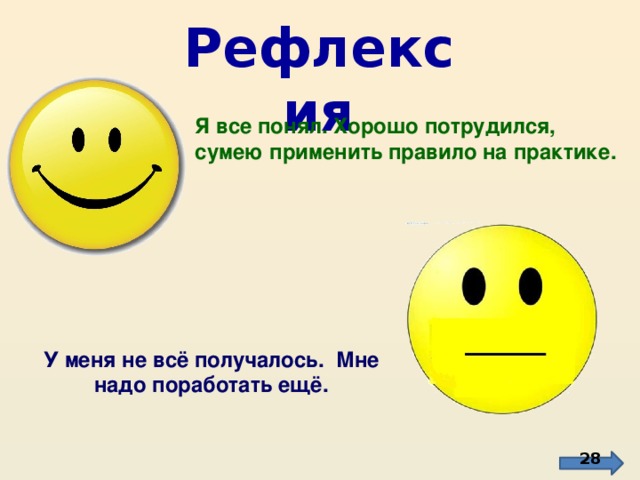 Рефлексия Я все понял. Хорошо потрудился, сумею применить правило на практике. У меня не всё получалось. Мне надо поработать ещё.