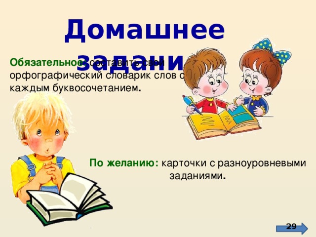 Домашнее задание. Обязательное: составить свой орфографический словарик слов с каждым буквосочетанием . По желанию: карточки с разноуровневыми заданиями .