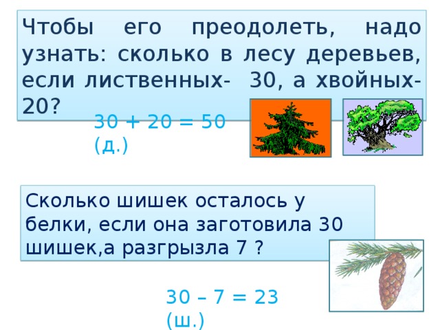 Чтобы его преодолеть, надо узнать: сколько в лесу деревьев, если лиственных- 30, а хвойных-20? 30 + 20 = 50 (д.) Сколько шишек осталось у белки, если она заготовила 30 шишек,а разгрызла 7 ? 30 – 7 = 23 (ш.)