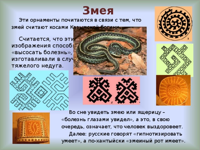 Змея Эти орнаменты почитаются в связи с тем, что змей считают косами Казымской богини. Считается, что эти изображения способны «высосать болезнь», и их изготавливали в случае тяжелого недуга. Во сне увидеть змею или ящерицу – «болезнь глазами увидел», а это, в свою очередь, означает, что человек выздоровеет. Далее: русские говорят «гипнотизировать умеет», а по-хантыйски «змеиный рот имеет». 