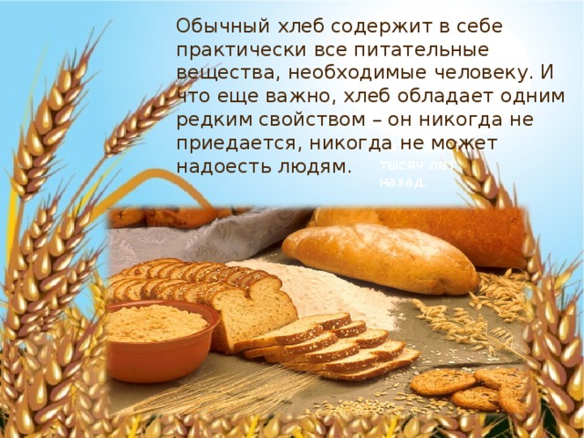 Ученые полагают, что впервые хлеб появился на земле свыше пятнадцати тысяч лет назад. Обычный хлеб содержит в себе практически все питательные вещества, необходимые человеку. И что еще важно, хлеб обладает одним редким свойством – он никогда не приедается, никогда не может надоесть людям.