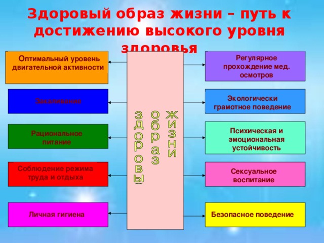 Здоровый образ жизни – путь к достижению высокого уровня здоровья  О птимальный уровень двигательной активности Регулярное прохождение мед. осмотров Экологически грамотное поведение Закаливание Психическая и эмоциональная устойчивость Рациональное питание Соблюдение режима труда и отдыха Сексуальное воспитание Личная гигиена Безопасное поведение