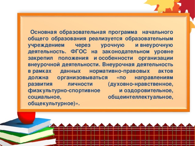 Основная образовательная программа начального общего образования реализуется образовательным учреждением через урочную и внеурочную деятельность. ФГОС на законодательном уровне закрепил положения и особенности организации внеурочной деятельности. Внеурочная деятельность в рамках данных нормативно-правовых актов должна организовываться «по направлениям развития личности (духовно-нравственное, физкультурно-спортивное и оздоровительное, социальное, общеинтеллектуальное, общекультурное)».