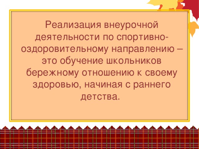 Реализация внеурочной деятельности по спортивно-оздоровительному направлению – это обучение школьников бережному отношению к своему здоровью, начиная с раннего детства.