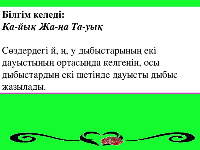 Білгім келеді:    Қа-йық Жа-ңа Та-уық     Сөздердегі й, ң, у дыбыстарының екі дауыстының ортасында келгенін, осы дыбыстардың екі шетінде дауысты дыбыс жазылады.