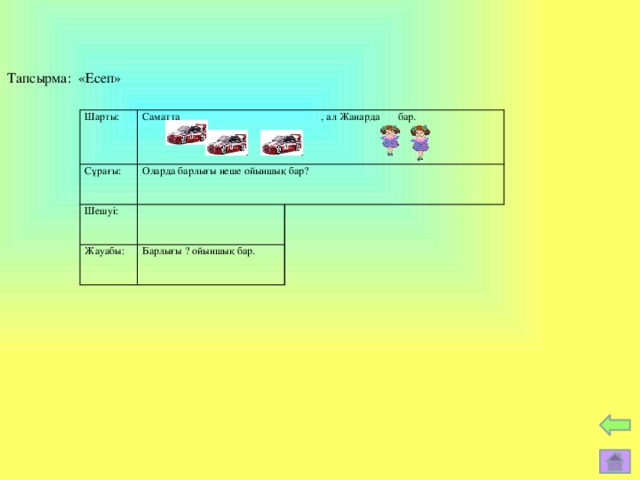 Тапсырма: «Есеп» Шарты: Саматта , ал Жанарда  бар. Сұрағы: Оларда барлығы неше ойыншық бар? Шешуі: Жауабы:   Барлығы ? ойыншық бар.  