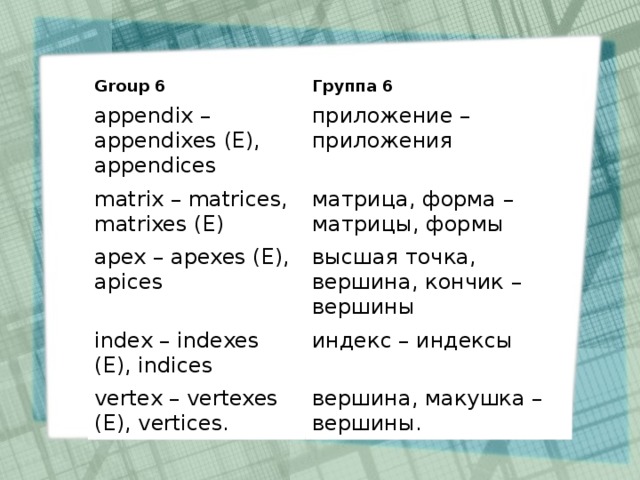 Group 6 Группа 6 appendix – appendixes (E), appendices приложение – приложения matrix – matrices, matrixes (E) матрица, форма – матрицы, формы apex – apexes (E), apices высшая точка, вершина, кончик – вершины index – indexes (E), indices индекс – индексы vertex – vertexes (E), vertices. вершина, макушка – вершины.