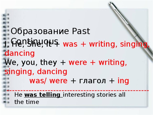 Образование Past Continuous I, He, She, It + was + writing, singing, dancing We, you, they + were + writing, singing, dancing  was/ were + глагол + ing ---------------------------------------------------- He was telling interesting stories all the time