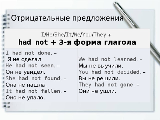 I / He / She / It / We / You / They  +   had not  + 3-я форма глагола I  had not done . –  Я не сделал. We  had not  learn ed . – Мы не выучили. You  had not  decid ed . – Вы не решили. He  had not seen . – Он не увидел. They  had not gone . – Они не ушли. She  had not found . – Она не нашла. It  had not fallen . – Оно не упало.