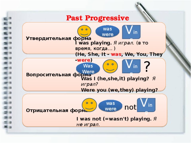 Past Progressive (Continuous)            Утвердительная форма was were V ing I was playing.  Я играл. (в то время, когда... ) (He, She, It - was ,  We, You, They - were ) ? Вопросительная форма V ing Was Were Was I (he,she,it) playing?  Я играл? Were you (we,they) playing? Отрицательная форма V ing was were not I was not (=wasn't) playing.  Я не играл.