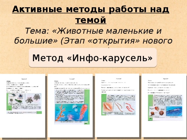 Активные методы работы над темой Тема: «Животные маленькие и большие» (Этап «открытия» нового знания) Метод «Инфо-карусель»