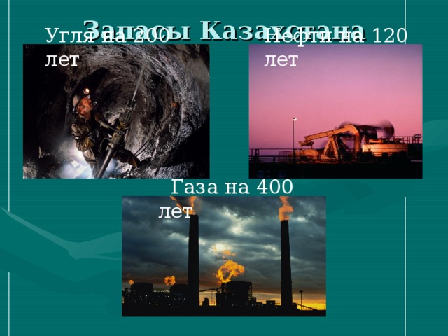 Запасы Казахстана Угля на 200 лет Нефти на 120 лет  Газа на 400 лет