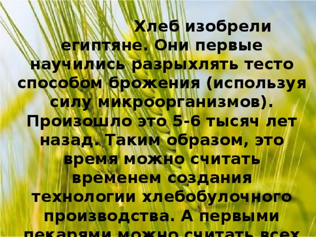 Хлеб изобрели египтяне. Они первые научились разрыхлять тесто способом брожения (используя силу микроорганизмов). Произошло это 5-6 тысяч лет назад. Таким образом, это время можно считать временем создания технологии хлебобулочного производства. А первыми пекарями можно считать всех древних египетских женщин - 