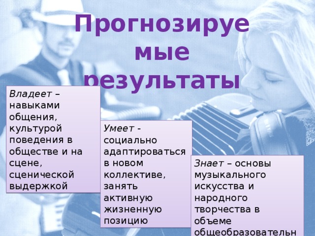 Прогнозируемые результаты Владеет – навыками общения, культурой поведения в обществе и на сцене, сценической выдержкой Умеет - социально адаптироваться в новом коллективе, занять активную жизненную позицию Знает – основы музыкального искусства и народного творчества в объеме общеобразовательной программы