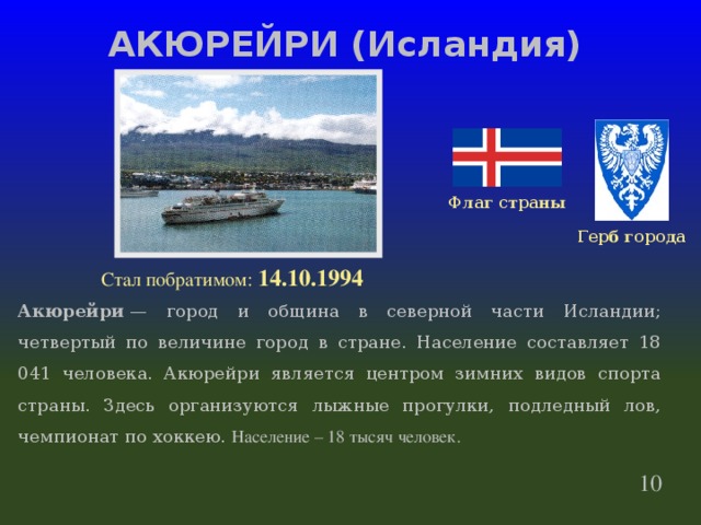 АКЮРЕЙРИ (Исландия) Флаг страны Герб города Стал побратимом: 14.10.1994 Акюрейри  — город и община в северной части Исландии; четвертый по величине город в стране. Население составляет 18 041 человека. Акюрейри является центром зимних видов спорта страны. Здесь организуются лыжные прогулки, подледный лов, чемпионат по хоккею. Население – 18 тысяч человек. 10