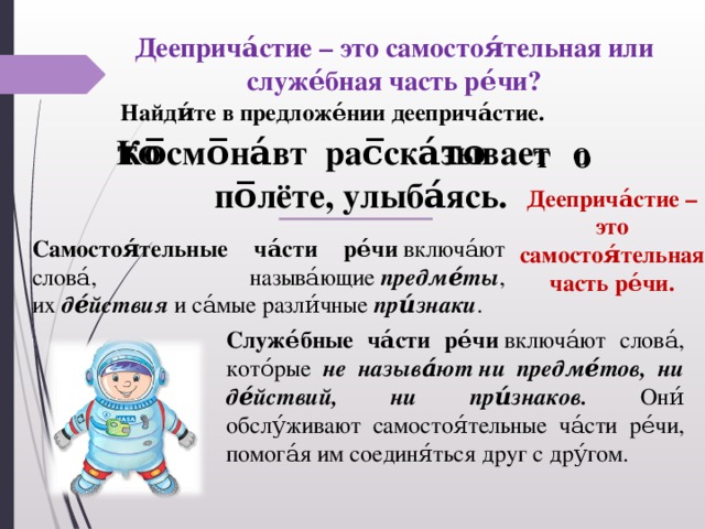 Дееприча́стие – это самостоя́тельная или служе́бная часть ре́чи? Найди́те в предложе́нии дееприча́стие. Ко̅смо̅на́вт рас̅ска́зывает͜ о͜ по̅лёте, улыба́ясь. Дееприча́стие – это самостоя́тельная часть ре́чи. Самостоя́тельные ча́сти ре́чи  включа́ют слова́, называ́ющие  предме́ты , их  де́йствия  и са́мые разли́чные  при́знаки . Служе́бные ча́сти ре́чи  включа́ют слова́, кото́рые не называ́ют ни предме́тов, ни де́йствий, ни при́знаков. Они́ обслу́живают самостоя́тельные ча́сти ре́чи, помога́я им соединя́ться друг с дру́гом.