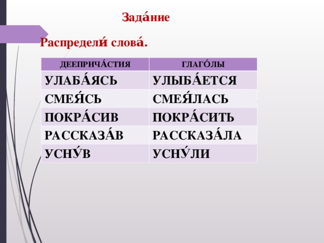 Зада́ние Распредели́ слова́.   ДЕЕПРИЧА́СТИЯ ДЕЕПРИЧА́СТИЯ УЛАБА́ЯСЬ ГЛАГО́ЛЫ ГЛАГО́ЛЫ УЛЫБА́ЕТСЯ СМЕЯ́СЬ СМЕЯ́ЛАСЬ ПОКРА́СИВ ПОКРА́СИТЬ РАССКАЗА́В РАССКАЗА́ЛА УСНУ́В УСНУ́ЛИ Улыба́ясь, улаба́ется, смея́лась, смея́сь, покра́сить, покра́сив, рассказа́в, рассказа́ла, усну́в, усну́ли.