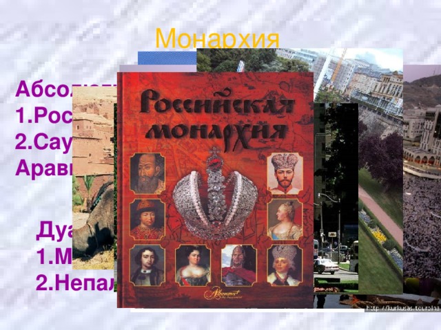 Монархия Абсолютная 1.Россия 2.Саудовская Аравия Парламентская (конституционная) Великобритания Люксембург Испания  Дуалистическая Марокко Непал