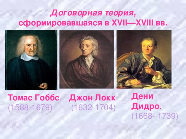 Договорная теория, сформировавшаяся в XVII — XVIII вв. Дени Дидро . (1668- 1739) Томас  Гоббс . Джон Локк (1588-1679)  (1632-1704)