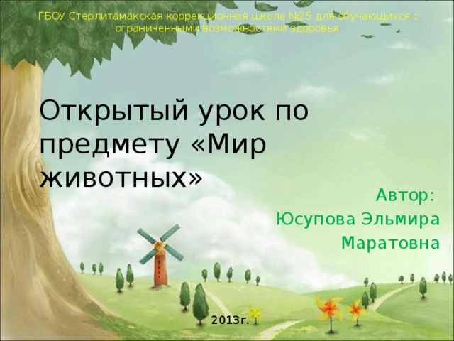 ГБОУ Стерлитамакская коррекционная школа №25 для обучающихся с ограниченными возможностями здоровья  Открытый урок по предмету «Мир животных» Автор: Юсупова Эльмира Маратовна 2013г.