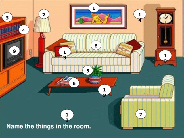 1 2 14 3 4 8 9 13 10 5 6 12 7 11 Name the things in the room.