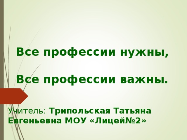 Все профессии нужны,  Все профессии важны. Учитель: Трипольская Татьяна Евгеньевна МОУ «Лицей№2»