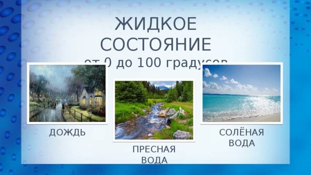 ЖИДКОЕ СОСТОЯНИЕ от 0 до 100 градусов СОЛЁНАЯ ВОДА ДОЖДЬ ПРЕСНАЯ ВОДА