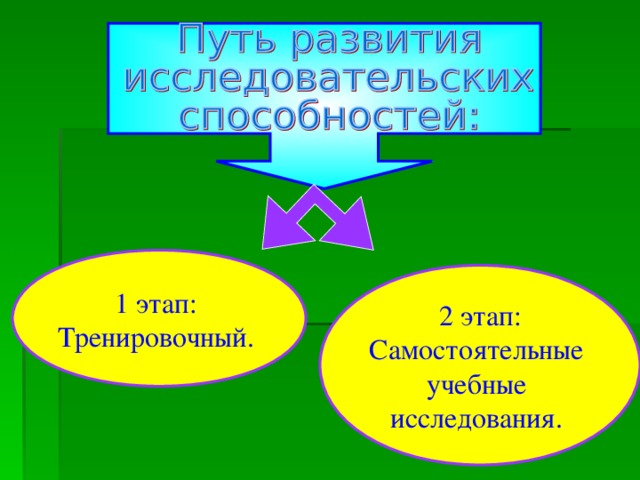 1 этап: Тренировочный. 2 этап: Самостоятельные учебные исследования.