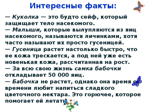 Интересные факты: — Куколка — это будто сейф, который защищает тело насекомого. — Малыши, которые вылупляются из яиц насекомого, называются личинками, хотя часто называют их просто гусеницей. — Гусеница растет настолько быстро, что ее кожа трескается, а под ней уже есть новенькая кожа, рассчитанная на рост. — За всю свою жизнь самка бабочки откладывает 50 000 яиц. — Бабочка не растет, однако она время от времени любит напиться сладкого цветочного нектара. Это горючее, которое помогает ей летать.