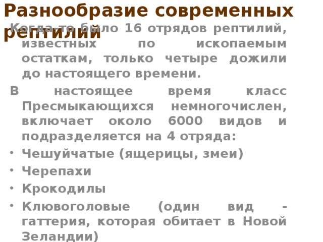 Разнообразие современных рептилий Когда-то было 16 отрядов рептилий, известных по ископаемым остаткам, только четыре дожили до настоящего времени. В настоящее время класс Пресмыкающихся немногочислен, включает около 6000 видов и подразделяется на 4 отряда: Чешуйчатые (ящерицы, змеи) Черепахи Крокодилы Клювоголовые (один вид - гаттерия, которая обитает в Новой Зеландии)